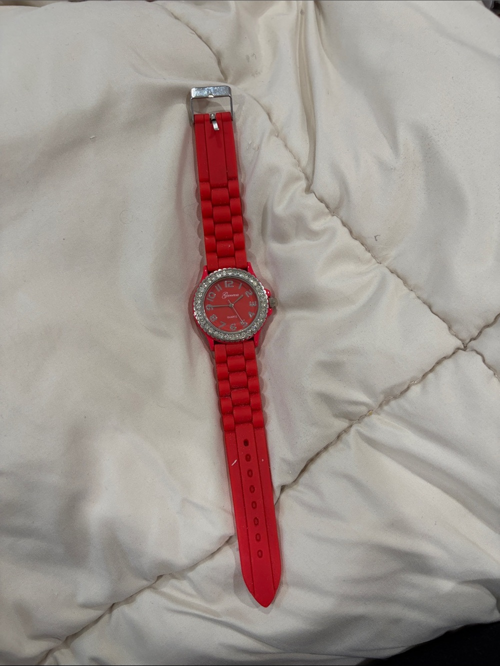 Geneva Red Silicone Crystal Accent Watch
